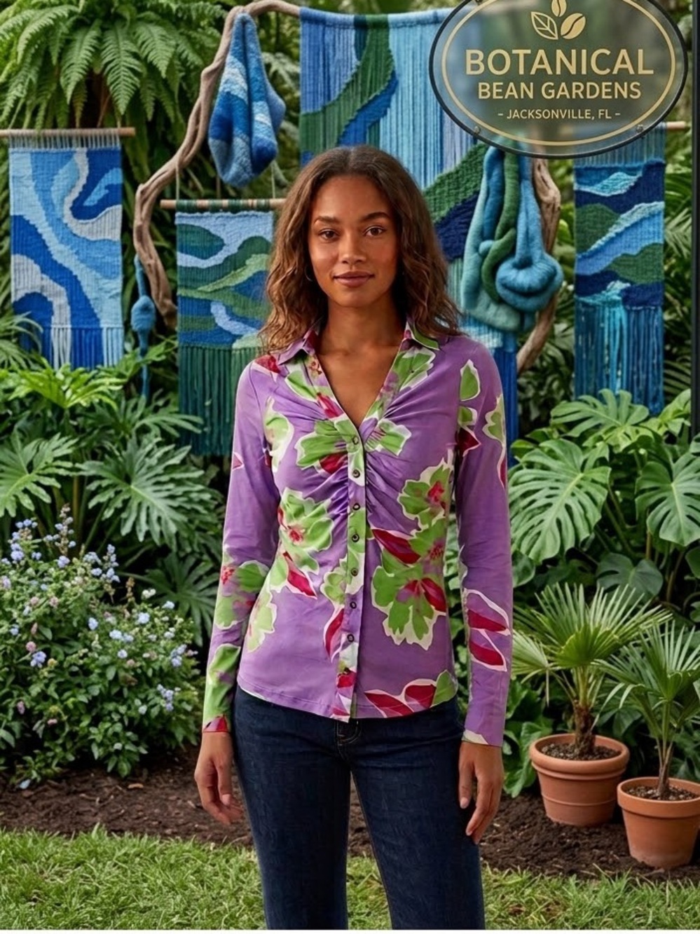 Blue Velvet Floral Ruched Button-Front Top in Purple